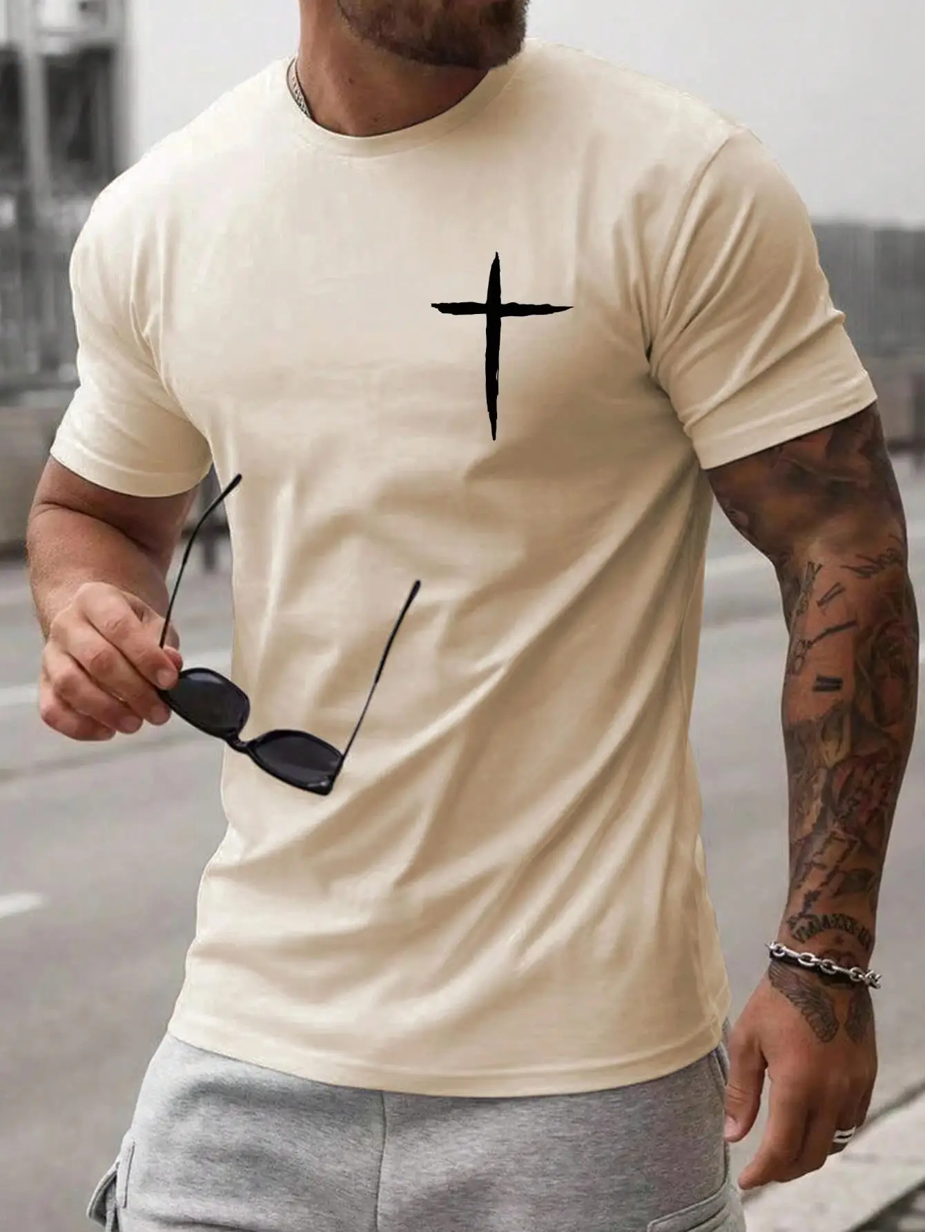 Gym Mens T Shirts Short Sleeve Simplicity Handwriting Cross Print Clothes Men Sportswear Oversized Summer Casual Daily T-Shirts