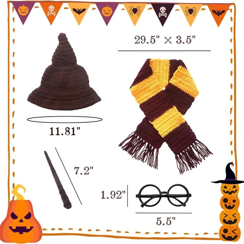 Halloween Photography Accessories Magic Wizard Witch Hat Scarf and Glasses Frame Decor Outfits Newborn Photoshoot Props Sets