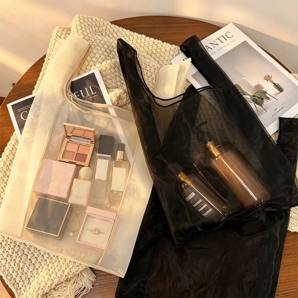 Fashion Large Capacity Organza Shopping Bag Lightweight Sheer Gauze Mesh Handbag Portable Multicolor Tote Bag Pool view 2