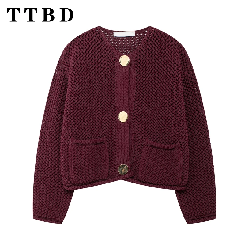 TTBD 2024 New Fall Female Vintage Solid Cardigan Women Chic Round Neck Long Sleeve Sweater Jacket Casual Knit Coat Fashion Top