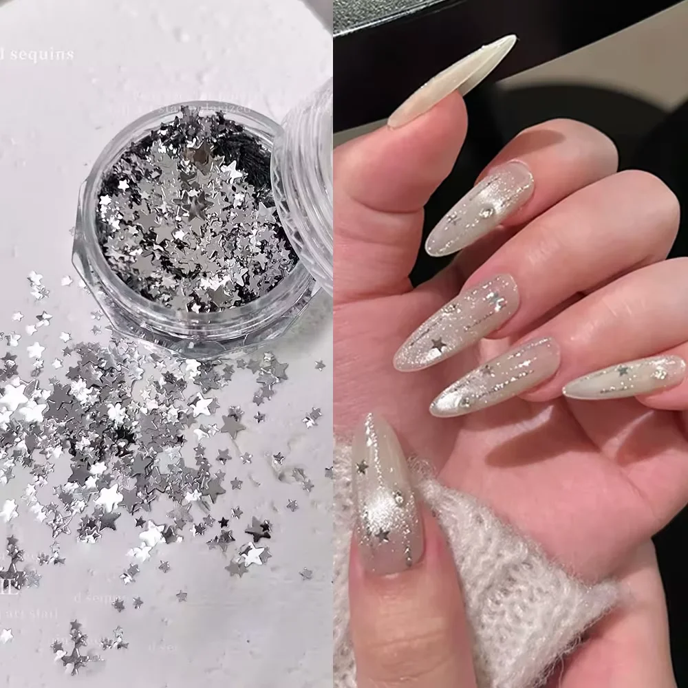1 Box 3D Mini Nail Art Charms Stern-Paillettenflocken Silberglänzende Accessoires für Maniküre – Detail 3