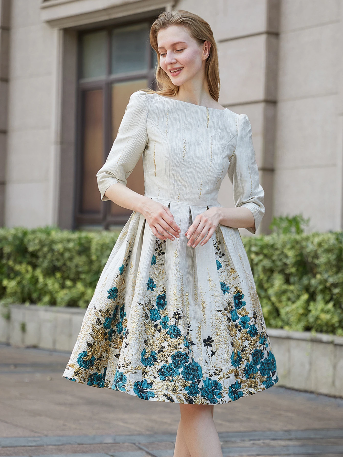 DEVCHATA Luxury Women Jacquard Mid-Calf Dress Spring Autumn New Floral Fashion Evening Party Vestidos