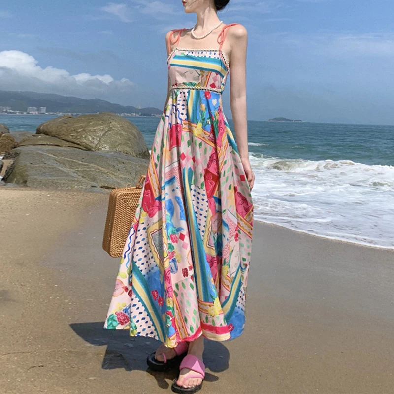 Vestidos Maxi Boho, feminino, sem mangas, férias soltas na praia, cintura alta, balanço em linha A, longo, verão, 2024