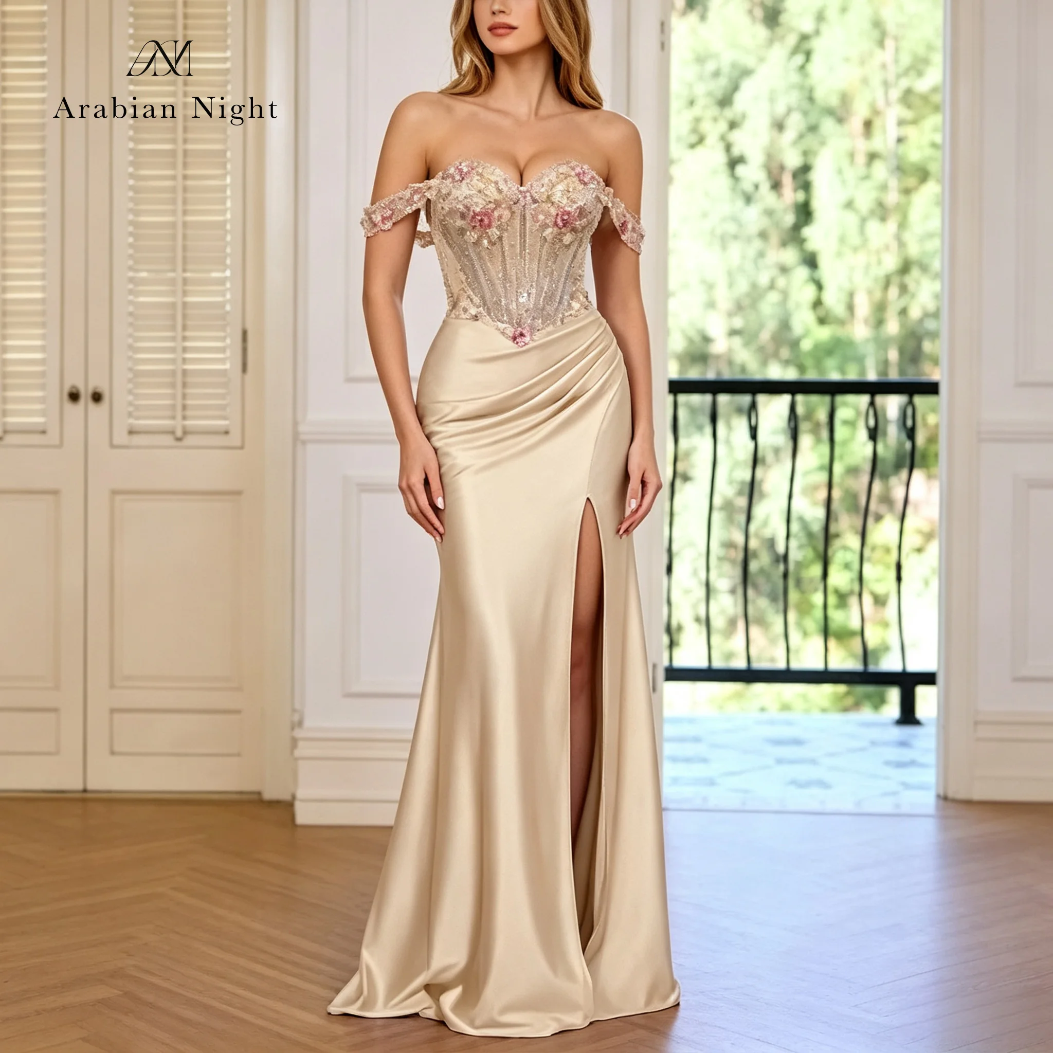Khaki-colored off-the-shoulder strapless sleeveless fishtail formal evening dress with floral embroidery and slit skirt hem