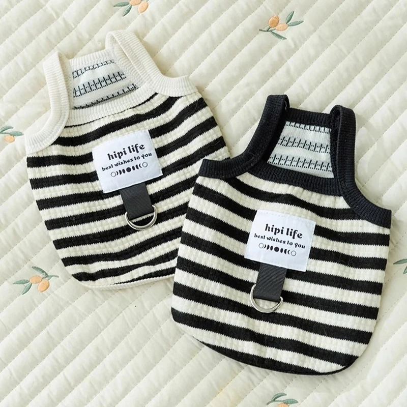 Ropa francesa con correa para perros, chaleco fino de peluche de verano, camiseta a rayas bonita de Pomerania, XS-XL con tirantes a la moda para perros pequeños