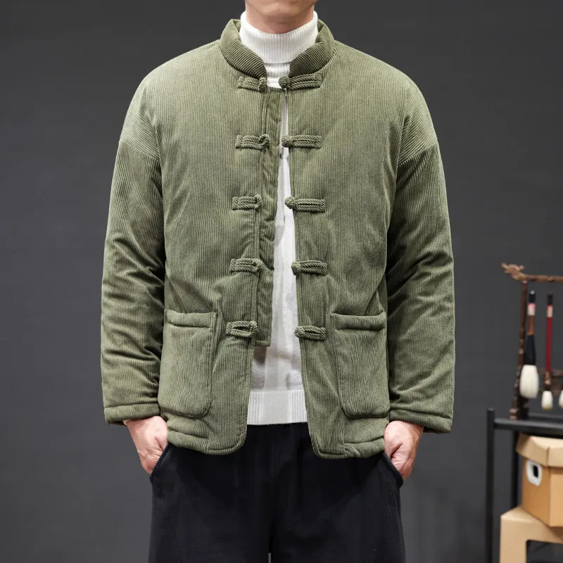 Jackets Winter Thicken Warm Men's Chinese Style Retro Corduroy Parkas Man's Traditional Cotton Comfortable Disc Buckle Male Coat