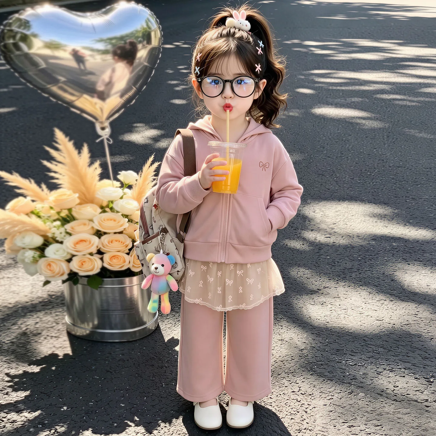 Girls Fall Bow Knot Knit Two Piece Set 2026 New Stylish Kids Campus Set Trendy Childrens Wear Pink and Apricot