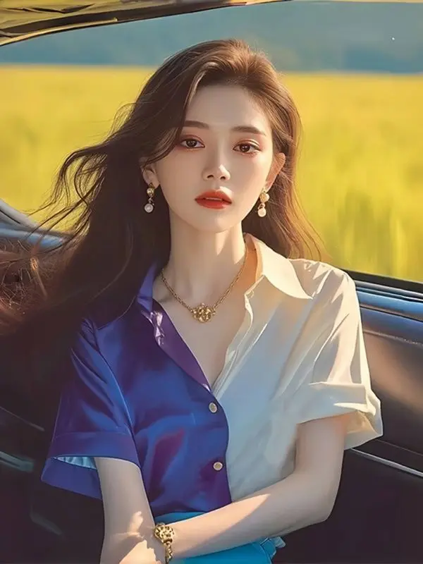 

Summer Color Blocked Satin Short Sleeve Blouse New Fashion Women's Top