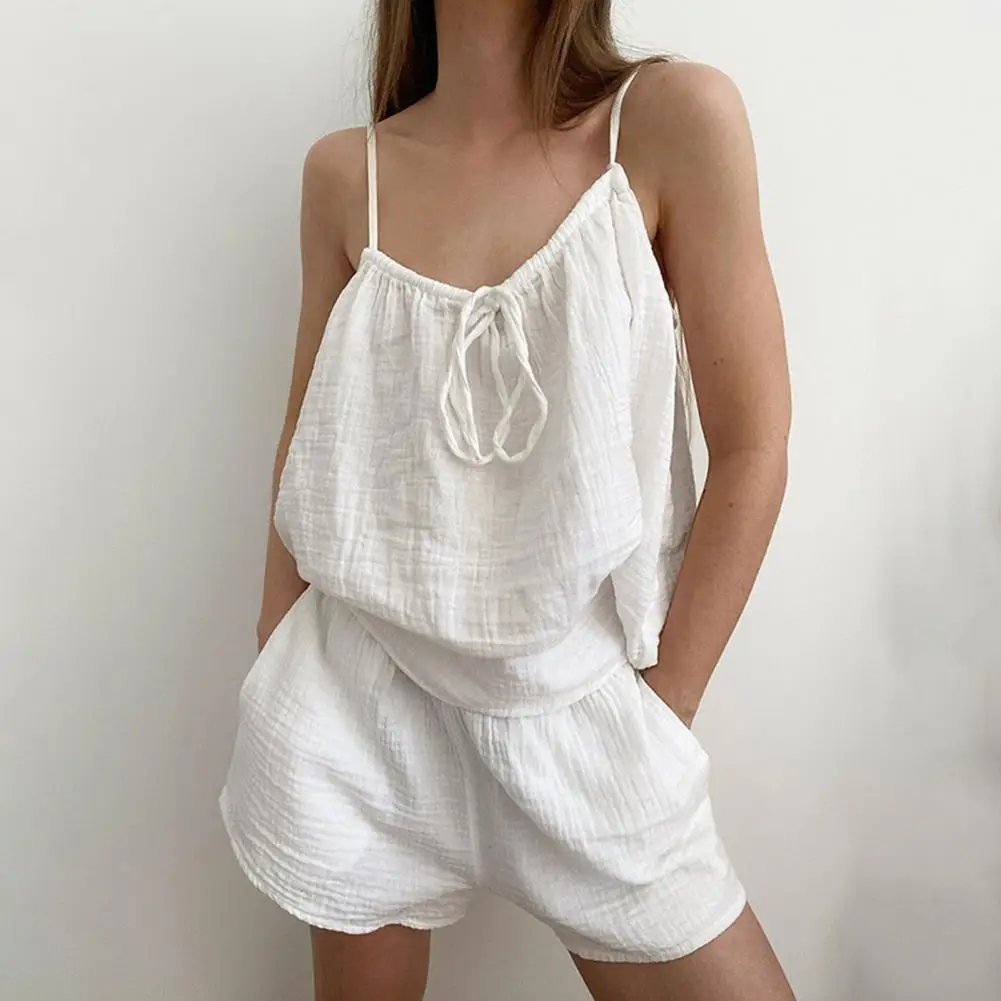 

Marthaqiqi Cotton Women'S Sleepwear 2 Piece Set Sexy Spaghetti Strap Pajamas Lace Up Nightwear Shorts Causal Ladies Home Clothes