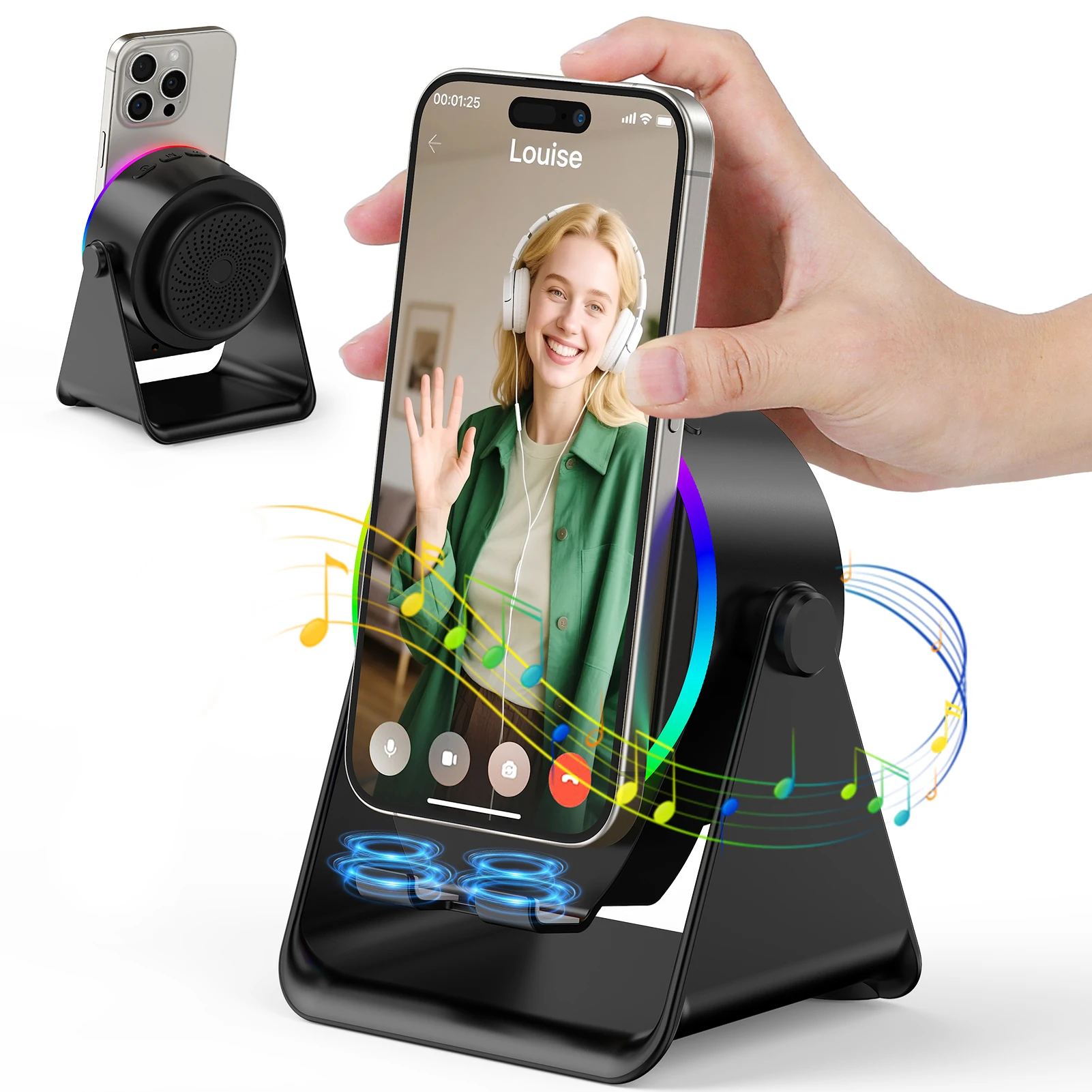 مكبر صوت لاسلكي - حامل هاتف مكبر صوت بلوتوث 5 في 1 مع ضوء محيط ملون 360 °   دوران متوافق مع آيفون