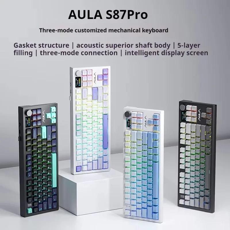 Aula S87 Pro Mechanical Keyboard Wireless With Display Screen Knob Full-key Hot Swappable HIFI Sound Gaming Keyboards