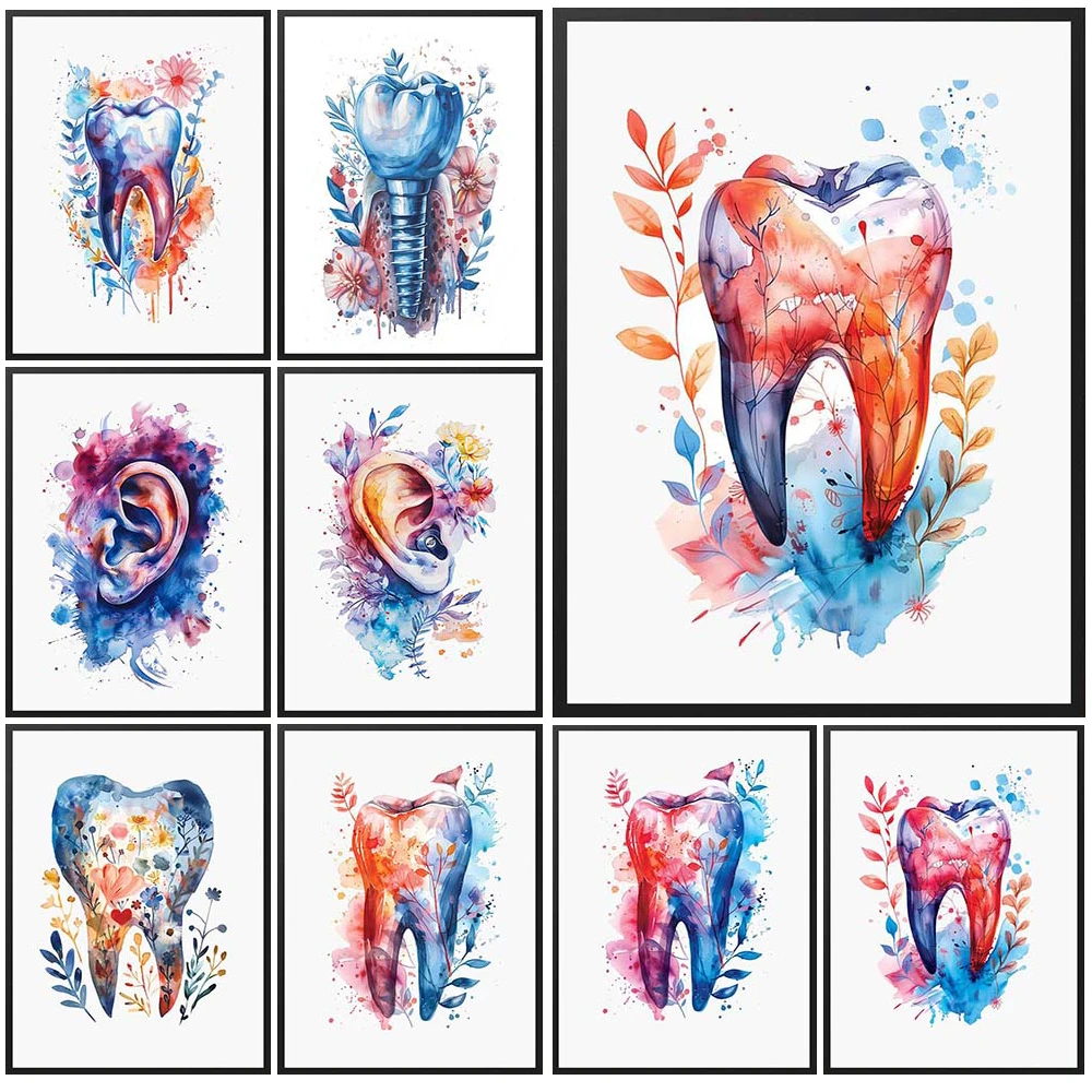 Kwiaty Ząb Dentysta Klinika Zęby Uszy Plakat Wall Art Canvas Malarstwo Home Decor Obrazy ścienne Do Salonu Bez Ramki