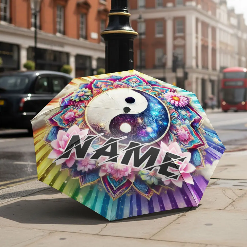 Custom Name Umbrella Yin Yang Lotus Mandala Colorful Floral Spiritual Print Compact Folding Travel Parasol Mystical Art Gift