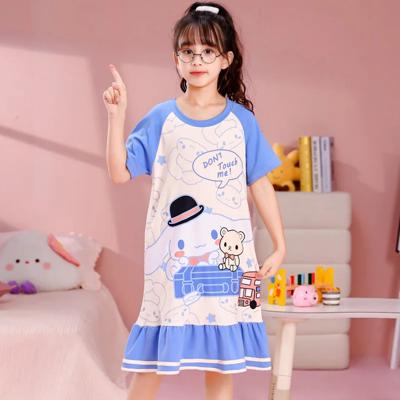 

2024 Summer Girls Nightgown Kids Sleepwear Cute Cotton Nightdress Children's Pajamas Anime Cinnamoroll Kuromi My Melody Homewear