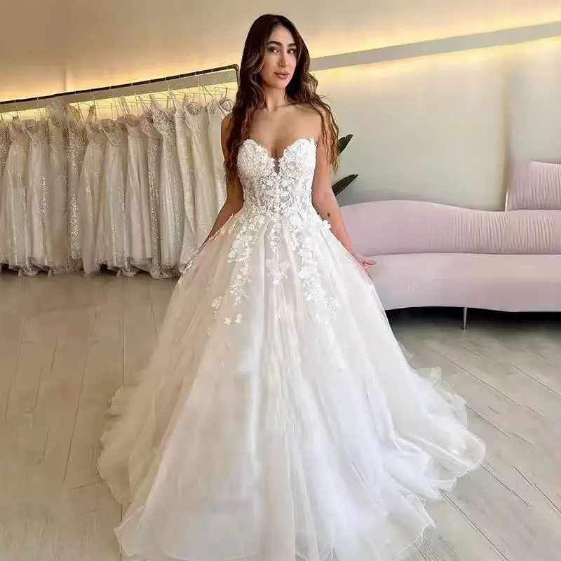 

Sexy Princess Wedding Dress Sweethearts Strapless Flowers Appliques Corset Bridal Gowns Vestido De Novia Customized