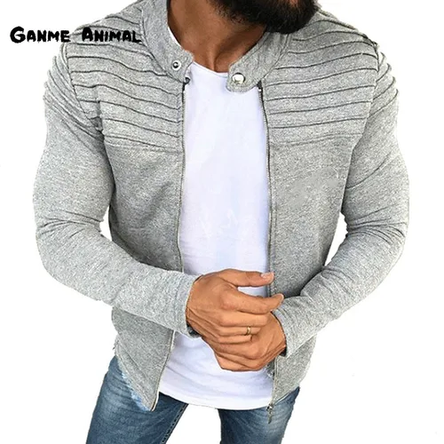 Chaqueta deportiva informal de otoño para hombre, chaqueta ajustada a rayas con pliegues, abrigo de manga larga con cremallera, cárdigan