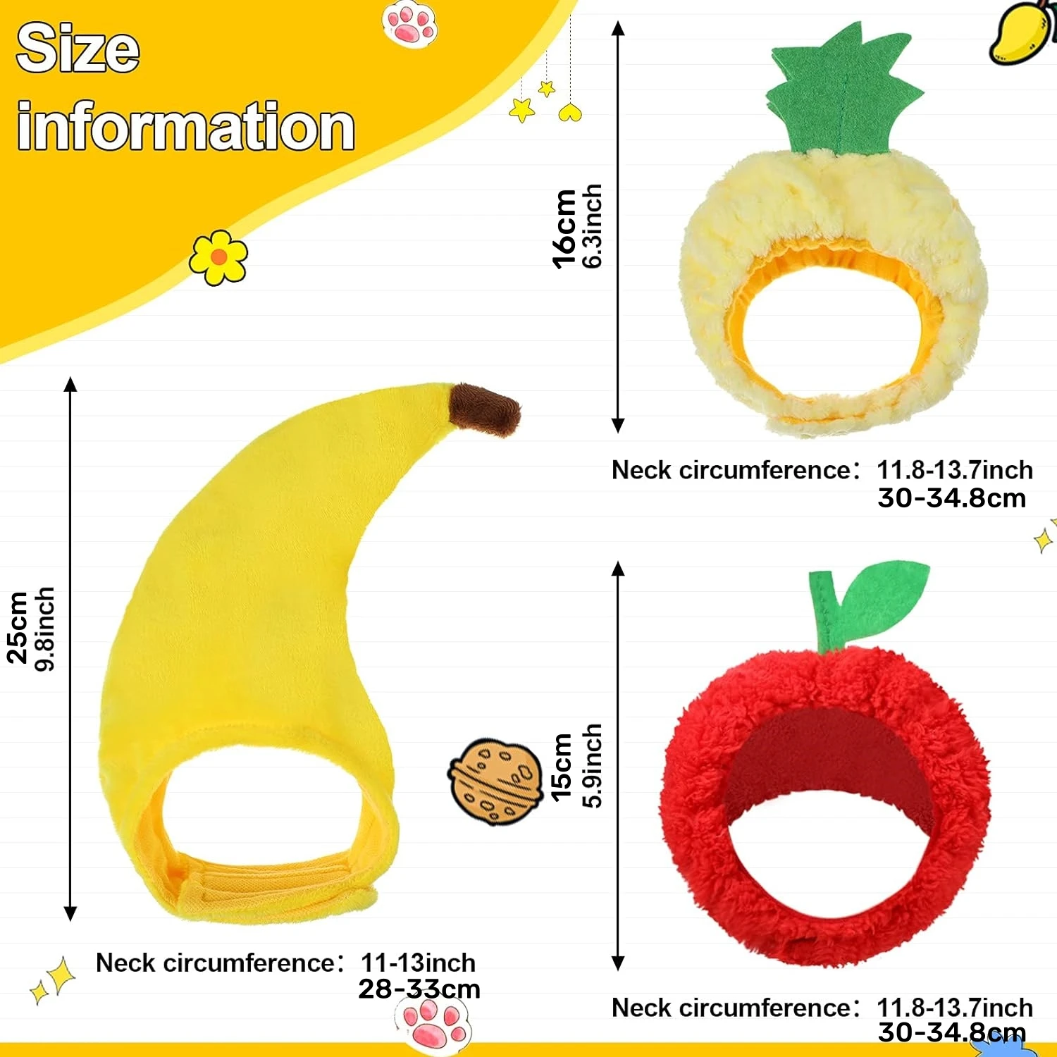 3 pieces of cat hats, Halloween costumes, banana pineapple red fruit shaped hats, soft hats, adjustable accessories, breathable