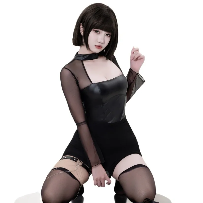 

Sexy Pu Leather Black Mesh See Through Dress Women Long Sleeve Splicing Bodycon Mini Dress Party Nightgown Outfits Role Play