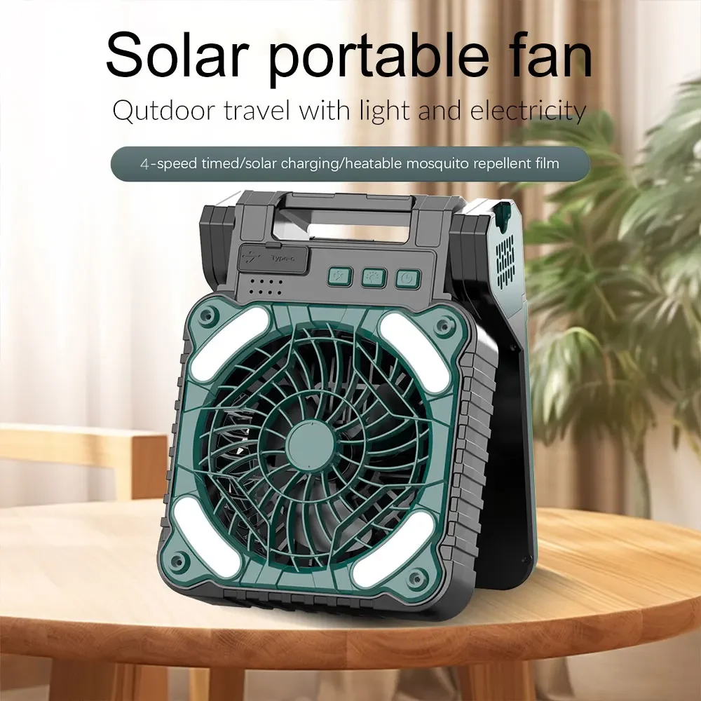 Portátil Camping Solar Powered Fan, bateria recarregável operado Tent ventilador com luz e painel solar, 10400mAh, 9"