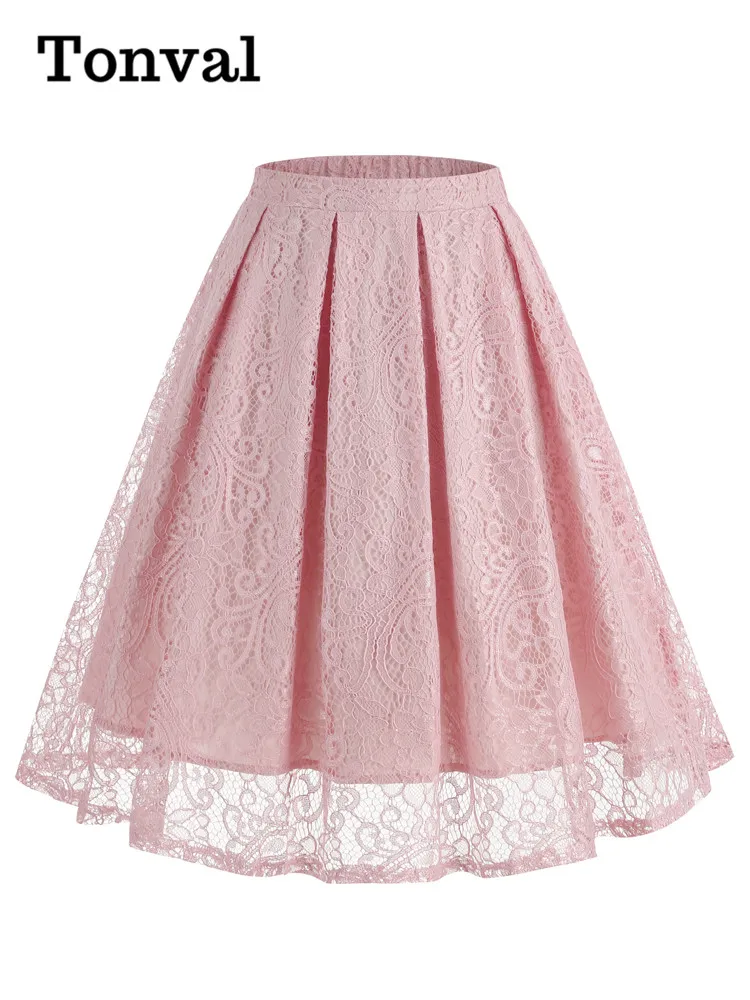 Tonval Retro Elastic Waist Green Solid Lace Overlay Pleated Skirt for Women 2023 Vintage Style Midi Skirts Elegant