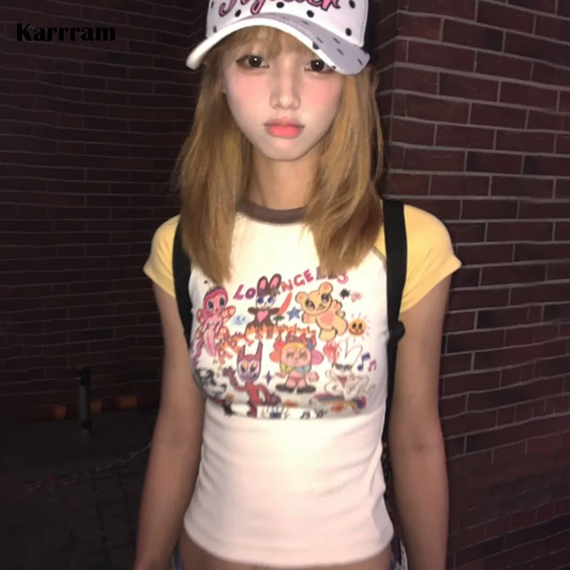 Karrram Japanese Y2k Cartoon Print T-shirt 2000s Style Patchwork Crop Top Vintage Harajuku Short Sleeve Tee Shirt American Retro