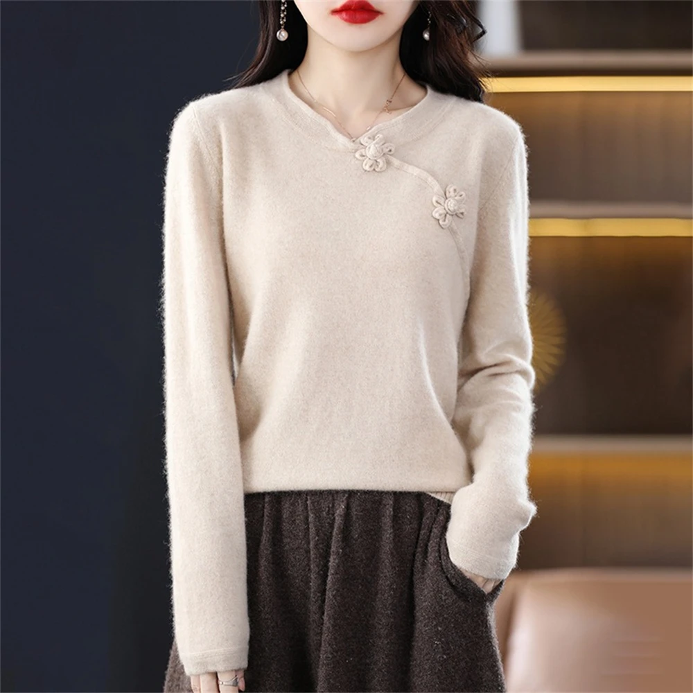 Women Autumn Winter New V-neck Loose Wool Sweater Ladies Elegant Chinese National Style Knitted Disc Buckle Pullover Tops Gifts