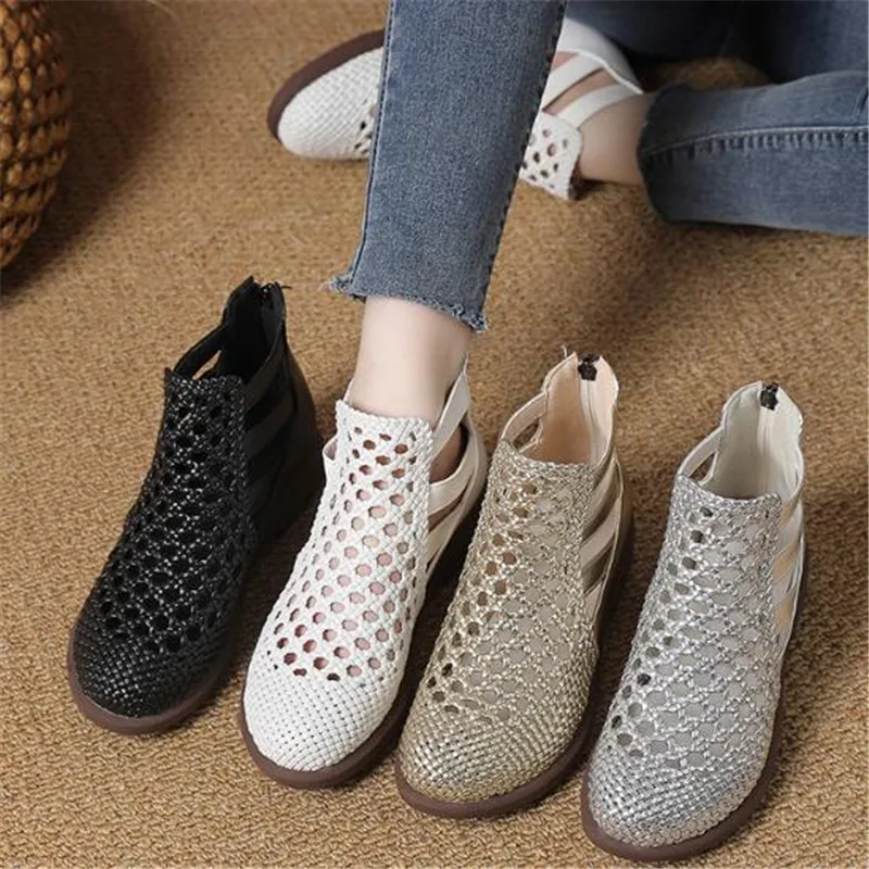 ZXRYXGS Cowhide Woven Cow Tendon Bottom Hole Cool Boots Women Sandals 2024 New Summer Hollow Comfortable Flat Sandals Large Size