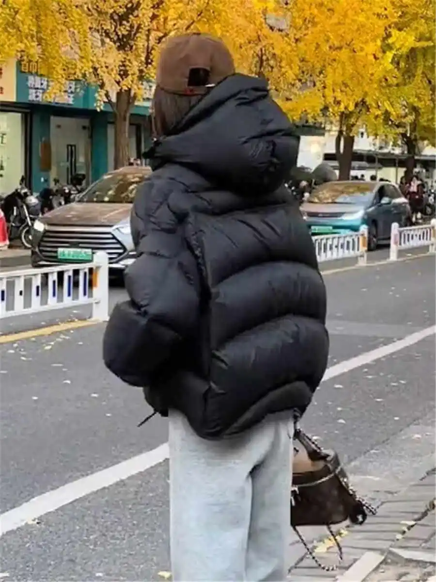 

Black Duck down Puffer Jacket Women's Short Style Winter Thickened Bread Coat Korean Version Straight Cut Long Sleeve Zipper