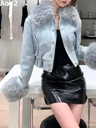 American Vintage Denim Cotton-Padded Jacket Women 2023 Autumn Winter Lamb Fur Collar Warm Quilted Fashion Spice Girl Short Coat