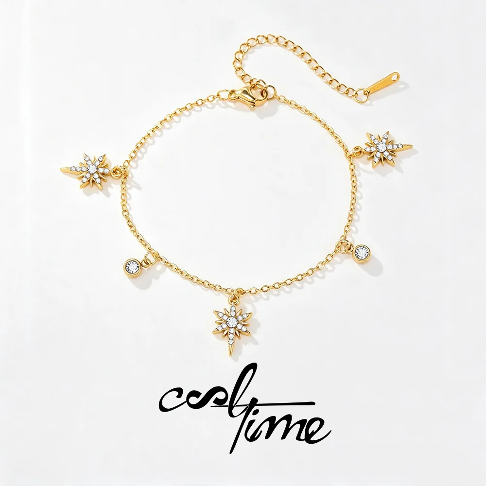 CoolTime Stainless Steel North Star Charm Bracelet For Women Gold Color Starburst Dangle Bracelet Zircons Celestial Jewelry Gift