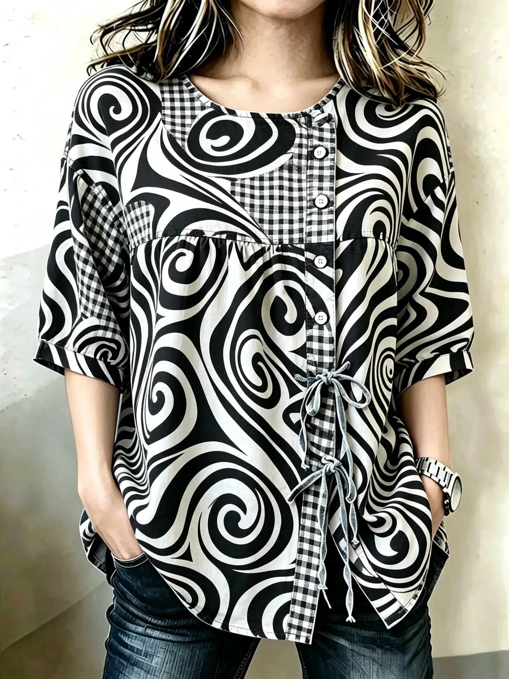 

Women's Swirl Print & Plaid Patchwork Drawstring Button Up Blouse, Casual Round Neck Tops for Spring Summer Daily Vacation Wear
