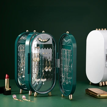 여성용 접이식 보석 상자 보관 정리함, 거울 플라스틱 보관 용기, 귀걸이 목걸이 반지, 책상 보관 랙