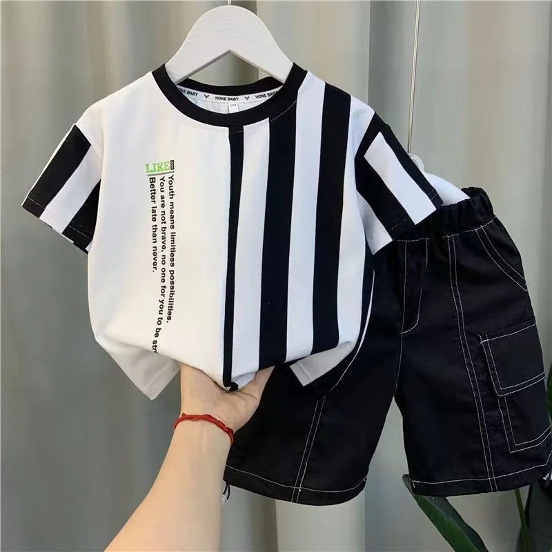 Summer Boy Clothing New Children\'s Clothes Set Boys Short Sleeve Striped T-Shirt+Shorts 2 Piece Set Kids 1-8T Sportswear Suit