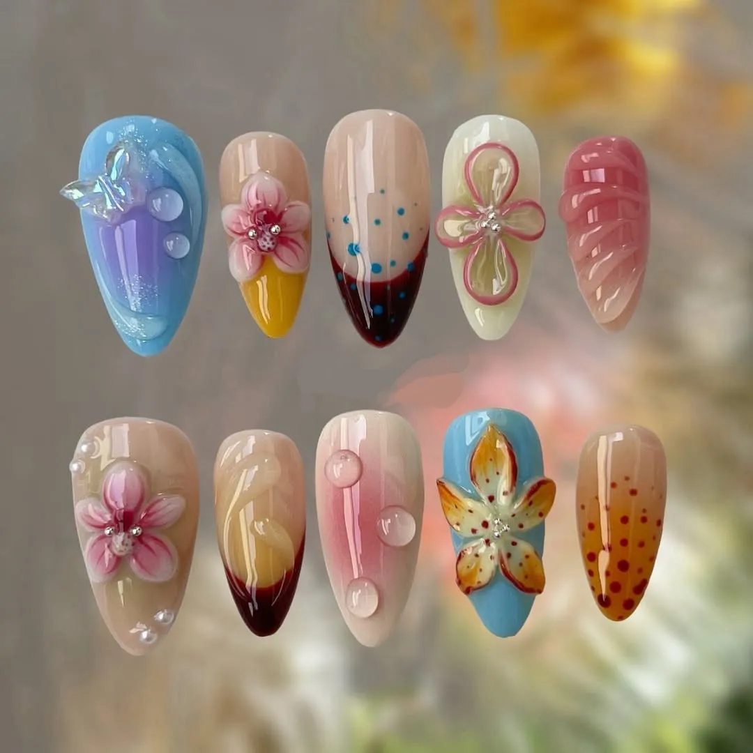 

Handmade Pressons Almond 3D Flowers Y2k Colorful Fake Nail Wearable Press On Acyrlic Nail 3D Flower Blue French Tips False Nails
