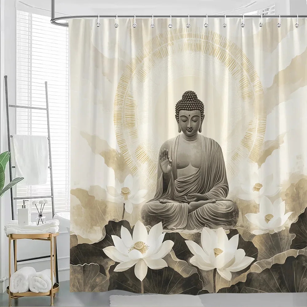 1pc Large Buddha Meditation Shower Curtain with Lotus Flower & Zen Buddhist rt - Beige/Brown/White Spiritual Bathroom Decor