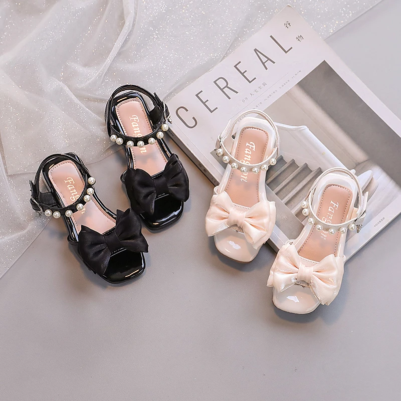 New Children Sandals Bowtie Beading Patent Wedding Princess Girls Low Heel Sandals Party Dance Baby Flats Kids Performance Shoes