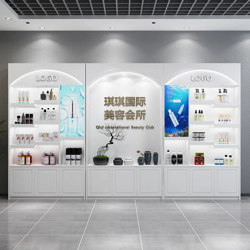 custom.Custom Cosmetic Shelf High-End Luxury  Wood Cosmetic Display Cabinet Rack Light Duty Beauty Salon