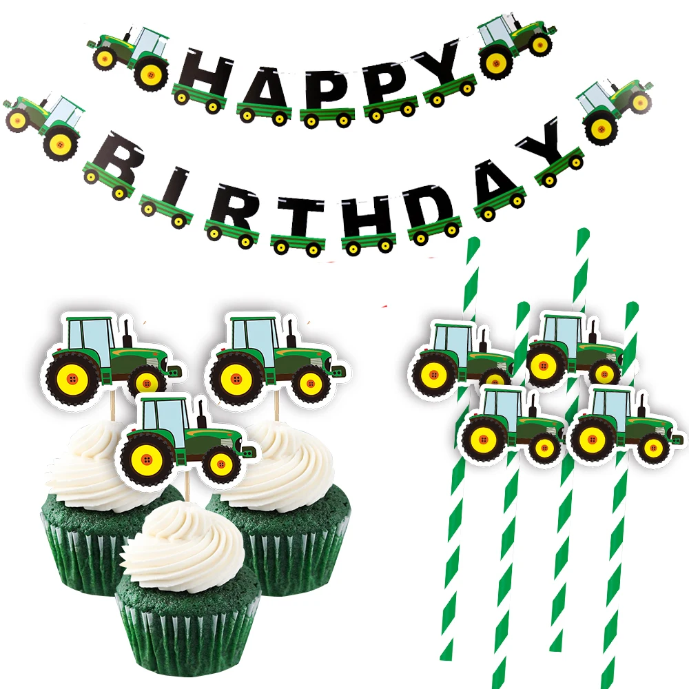 Farm Tractor Vehicle Series Cake Toppers Paper Banners for Boy\'s Farmland Tractor Birthday Party Decoration DIY Crafts Wrapping