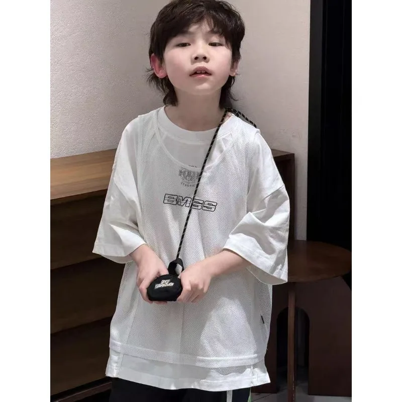 

Children's Short-sleeved T-shirt, Summer Vest, Loose-fitting Half-sleeved Shirt, New Style for 2026 Two Trendy T-shirts for Boys