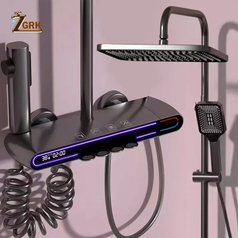 Gun Ash Shower Set LED Hydroelectric Power Digital Display Mixer Tap Piano Button Rain Shower White Shower System