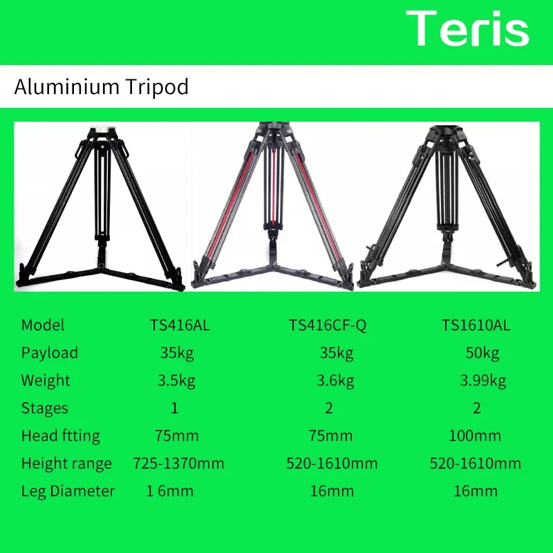 Teris heavy duty aluminium tripod TS416AL Payload 35kg / TS416CF-Q Payload 35kg / TS1610AL Payload 50kg