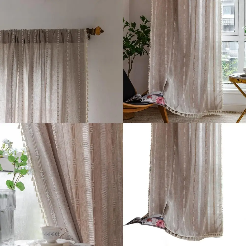 

Khaki Linen Curtains, 52 Wide x 108 Long, 2-Panel Set with Embroidery, Farmhouse Style, Tassel Accents, for Light Filtering and