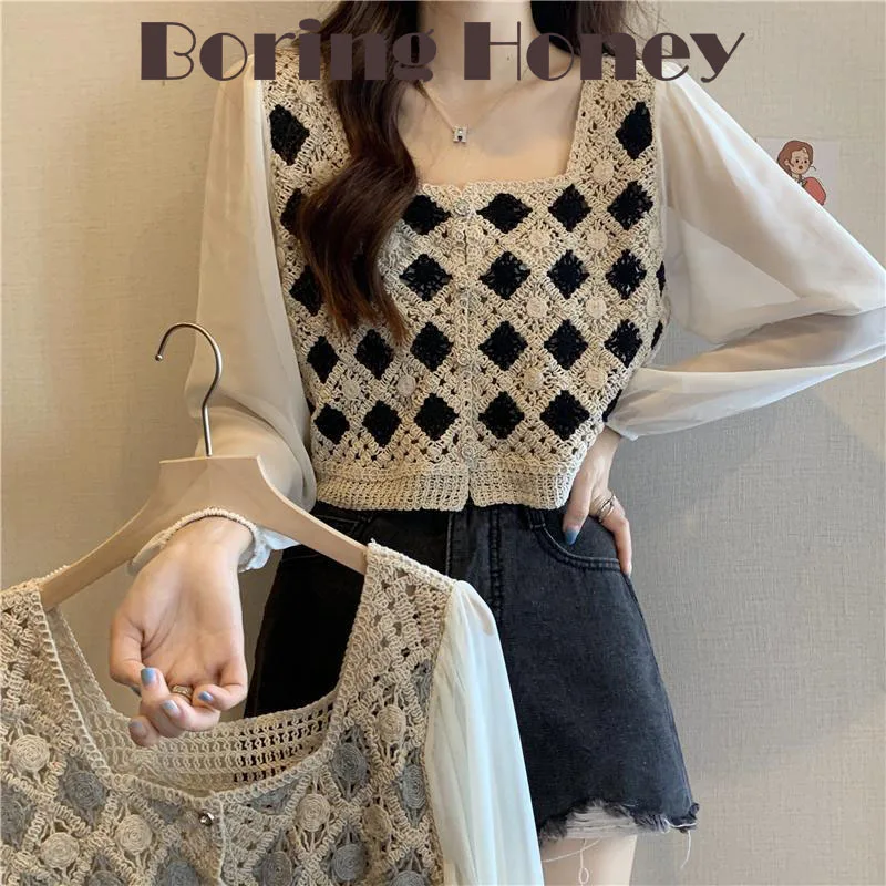 

Boring Honey New Summer Retro Hollow T-Shirt Women Korean Version Of Square Collar Long Sleeve Chiffon Short Cardigan Top Women