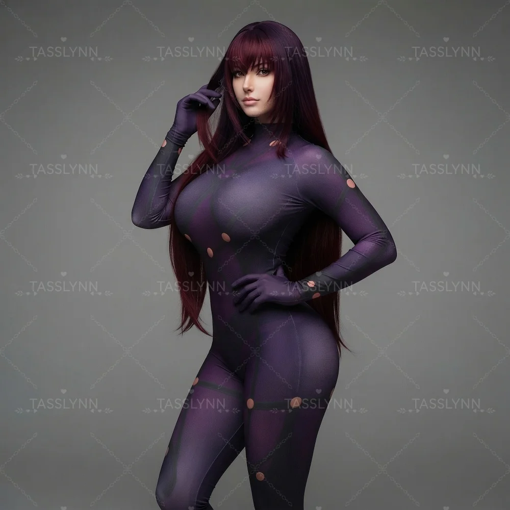 Scathach Cosplay Zentai Bodysuit Purple Black Dot Strap Full Jumpsuit Anime Halloween Costume Women Anime Scathach Cos Outfit, view 4