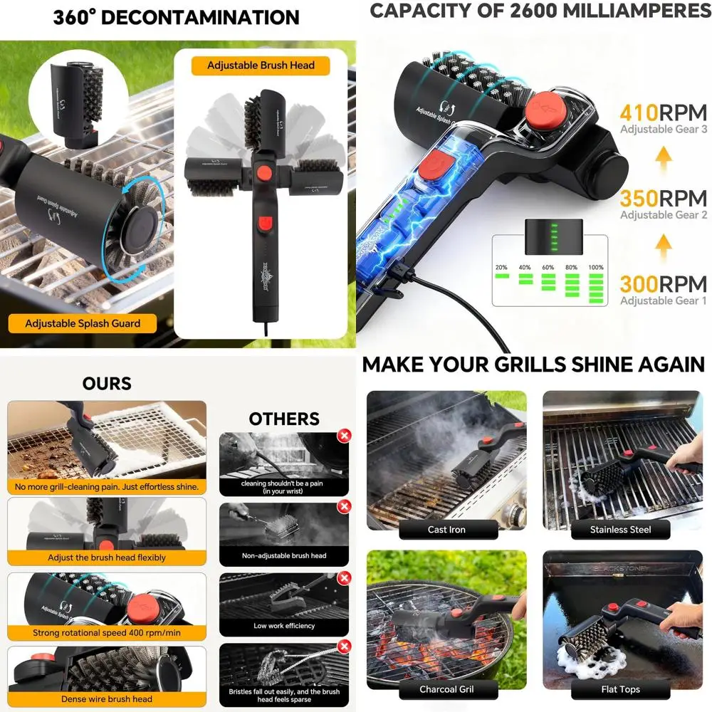 

Wireless Grill Cleaning Brush with 1 Extra Head, Adjustable Angle, No Bristle Loss, Ideal Gift for Men (Black)