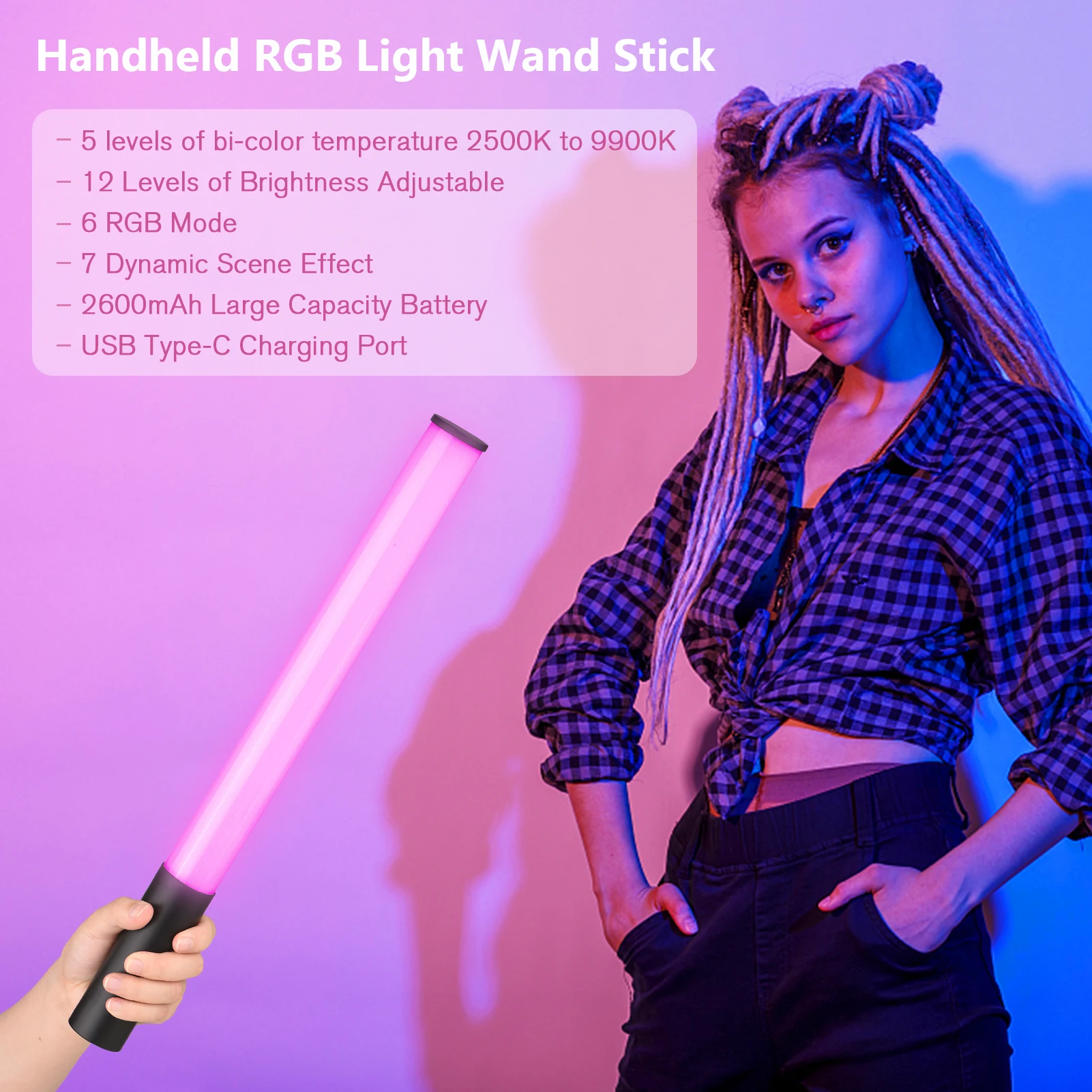 

RGB Light Wand Stick Handheld Photography Video Light Bi-Color Temperature 2500K-9900K 12 Levels Dimmable Brightness Light