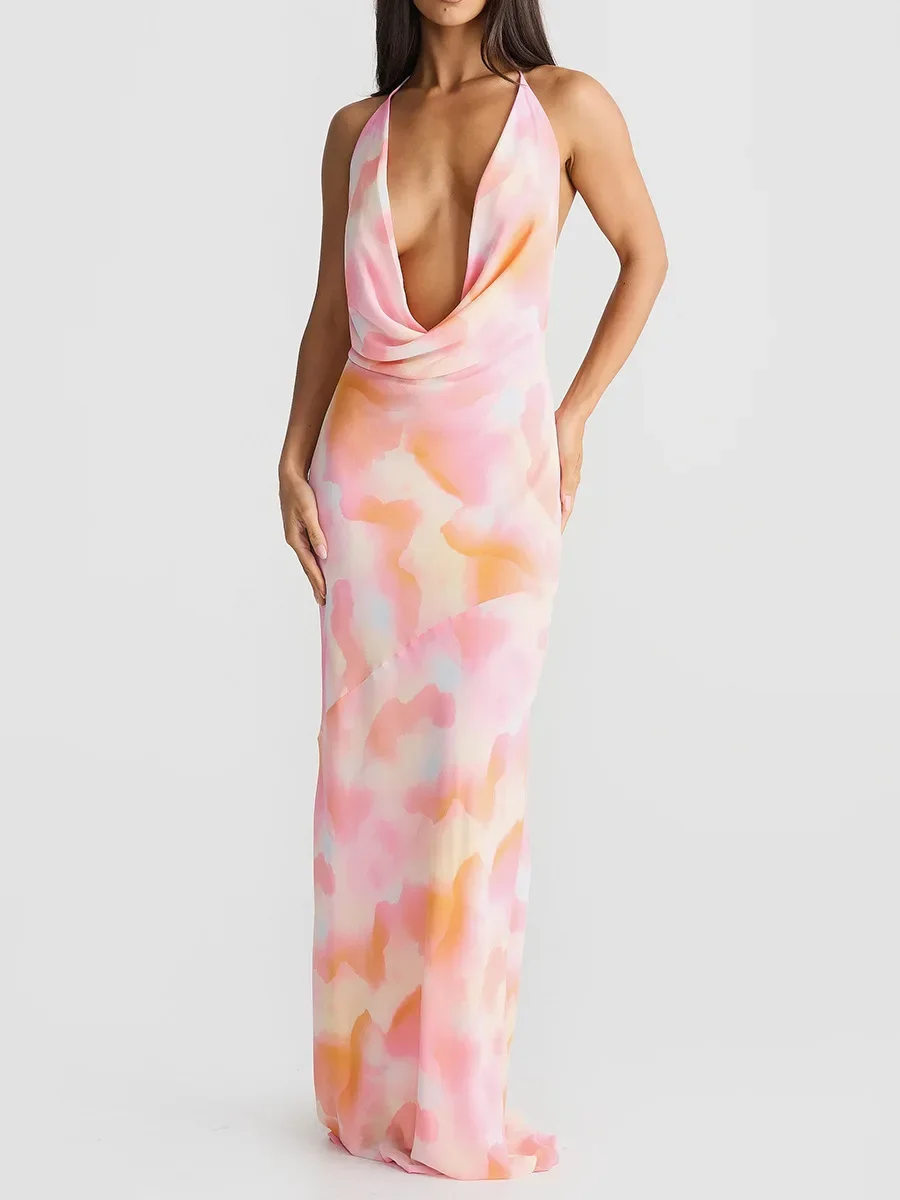 Robe Longue Imprimée à Col en V Profond pour Femme, Élégante, Haut de Gamme, Coupe Cintrée, Dos aux, Nouveau Modèle, Été 2024