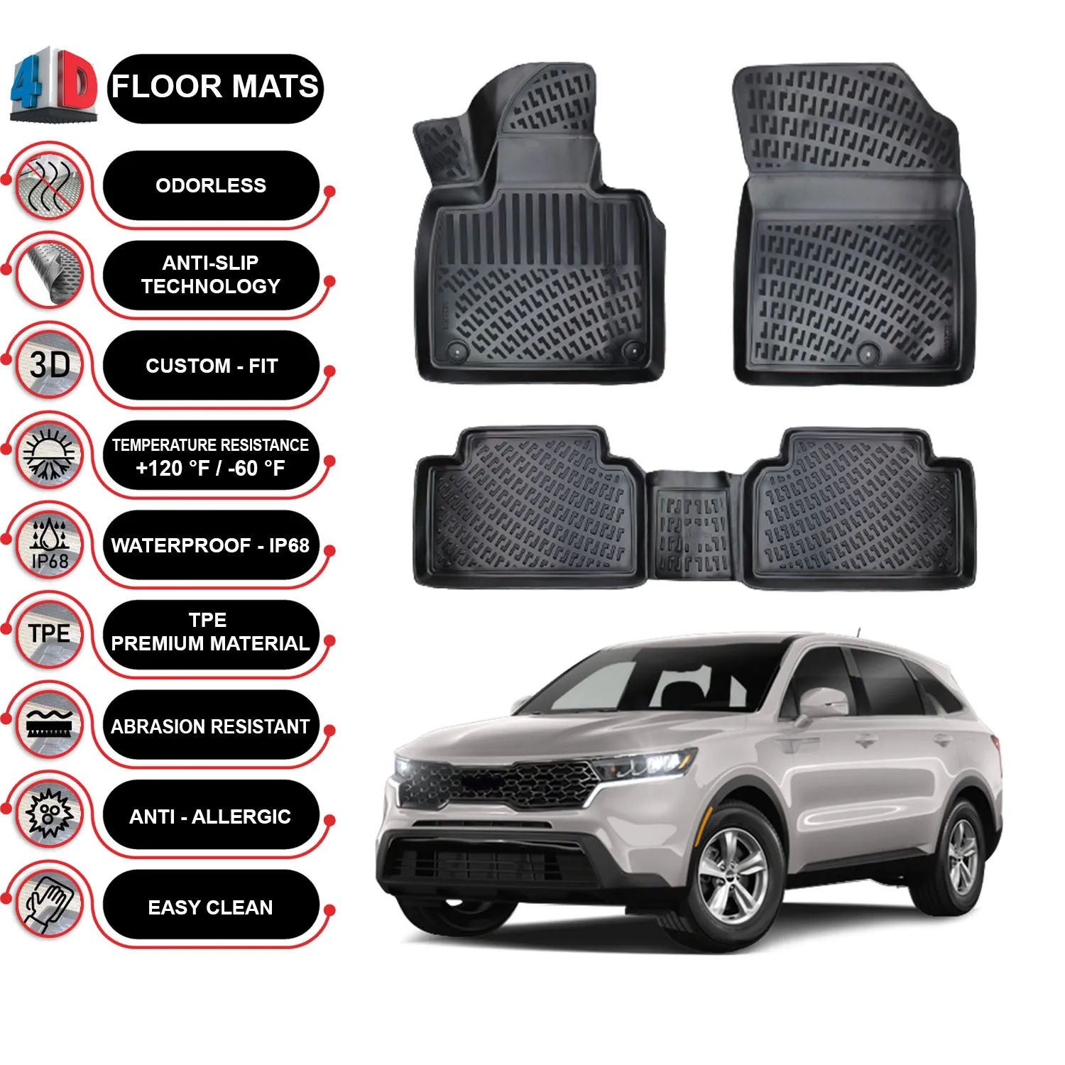 Kia Sorento Gasoline - (2021-2023) Floor Mats Liner Waterproof 3D - (Black)