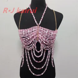 RJ Fashion Sexy Metal Acrylic Neck Body Chain Pastel Pink Beads Halter Dress Masquerade Stage Party Jewelry Accessories
