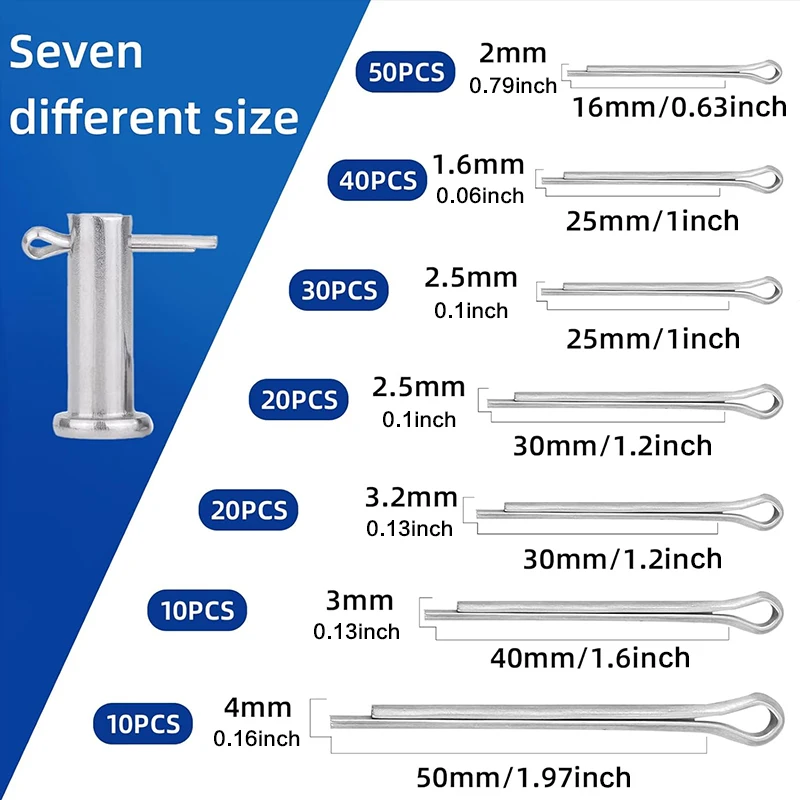 180 Pcs Cotter Pins Assortment Kit D, 7 Sizes Spring Fasteners Hardware Straight Pins, Hitch Pin for Trailer Locking, Clamps